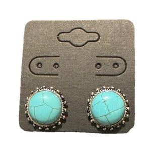 Faux Turquoise Round Earrings In A Silver Tone Setting. About .5” Pierced Ears